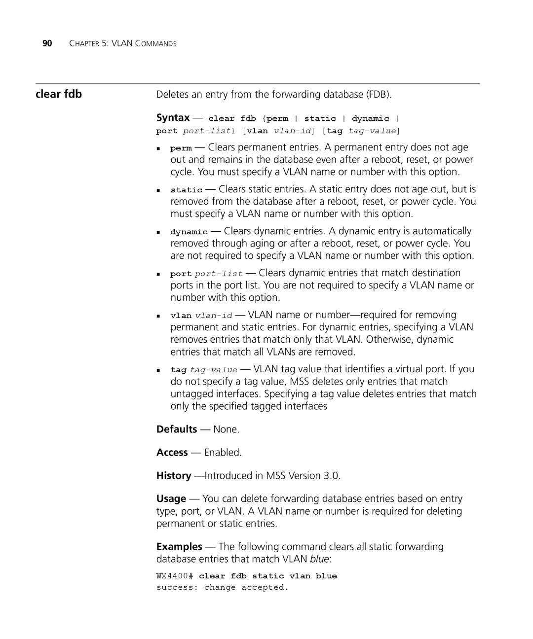 3Com 3CRWX440095A manual Clear fdb, Deletes an entry from the forwarding database FDB, Syntax clear fdb perm static dynamic 