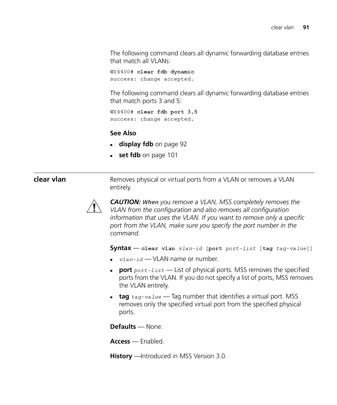 3Com 3CRWX120695A, 3CRWX440095A Clear vlan, „ display fdb on, Port from the VLAN, make sure you specify the port number 