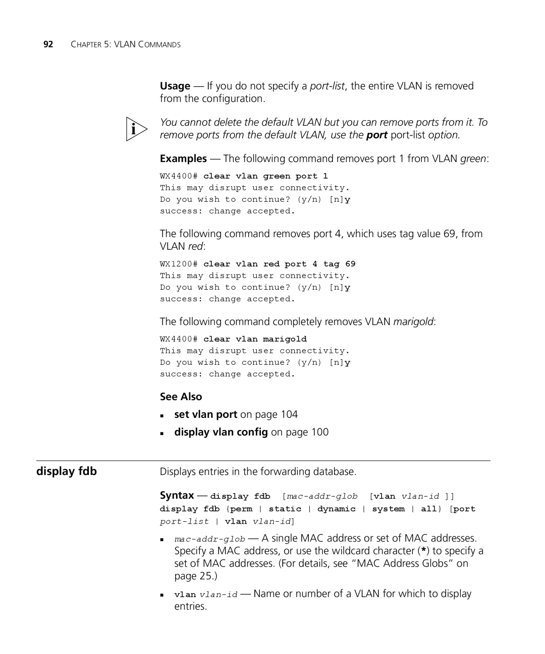 3Com 3CRWX440095A, 3CRWX120695A manual Display fdb, Following command completely removes Vlan marigold 