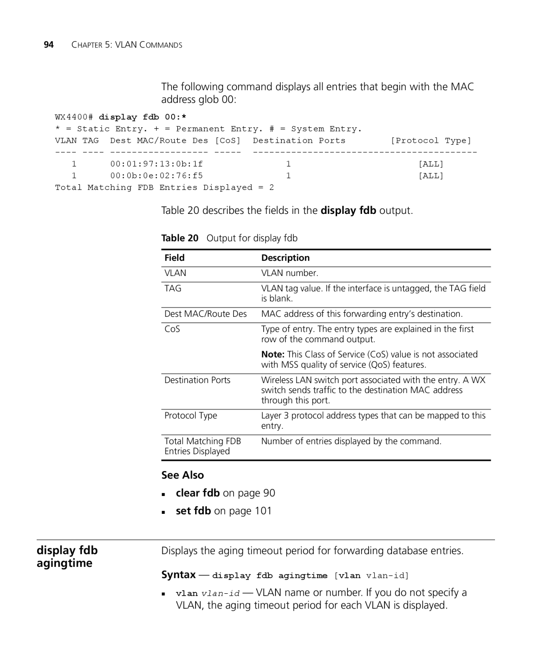 3Com 3CRWX440095A, 3CRWX120695A manual Agingtime, Describes the fields in the display fdb output, See Also „ clear fdb on 