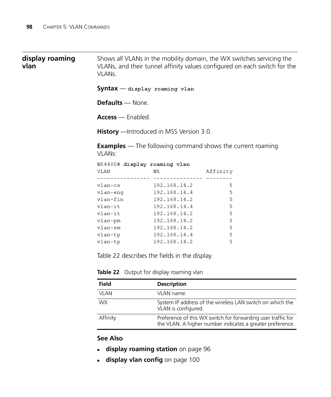 3Com 3CRWX440095A, 3CRWX120695A Output for display roaming vlan, Syntax display roaming vlan, WX4400# display roaming vlan 