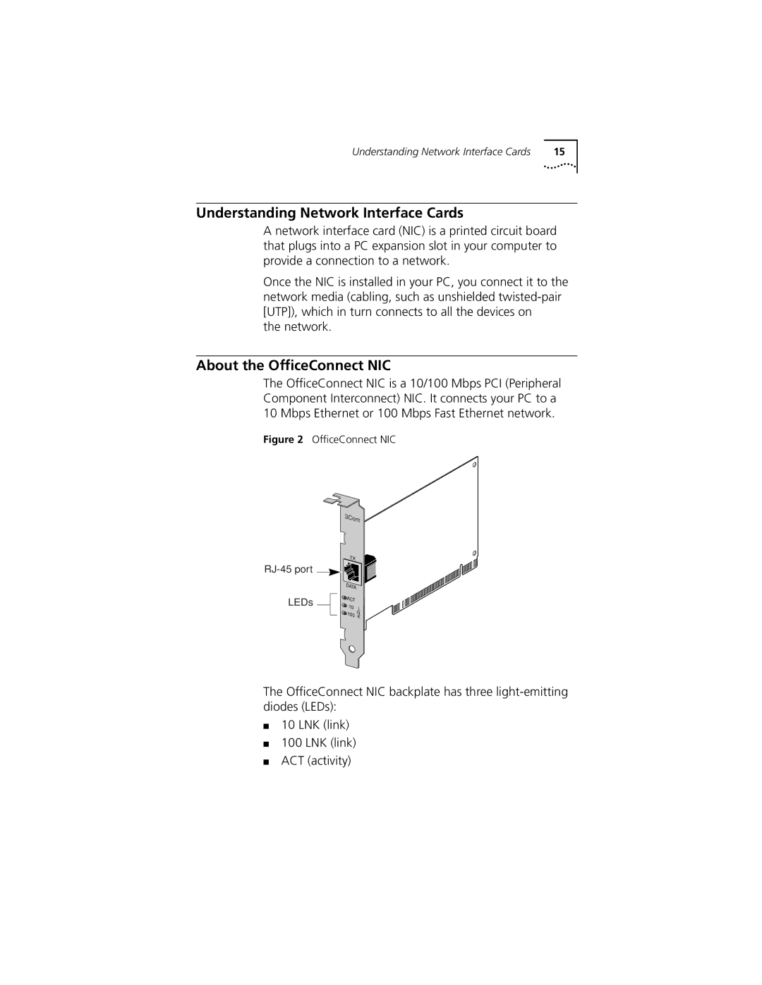 3Com 3CSOHO100 manual Understanding Network Interface Cards, About the OfﬁceConnect NIC 