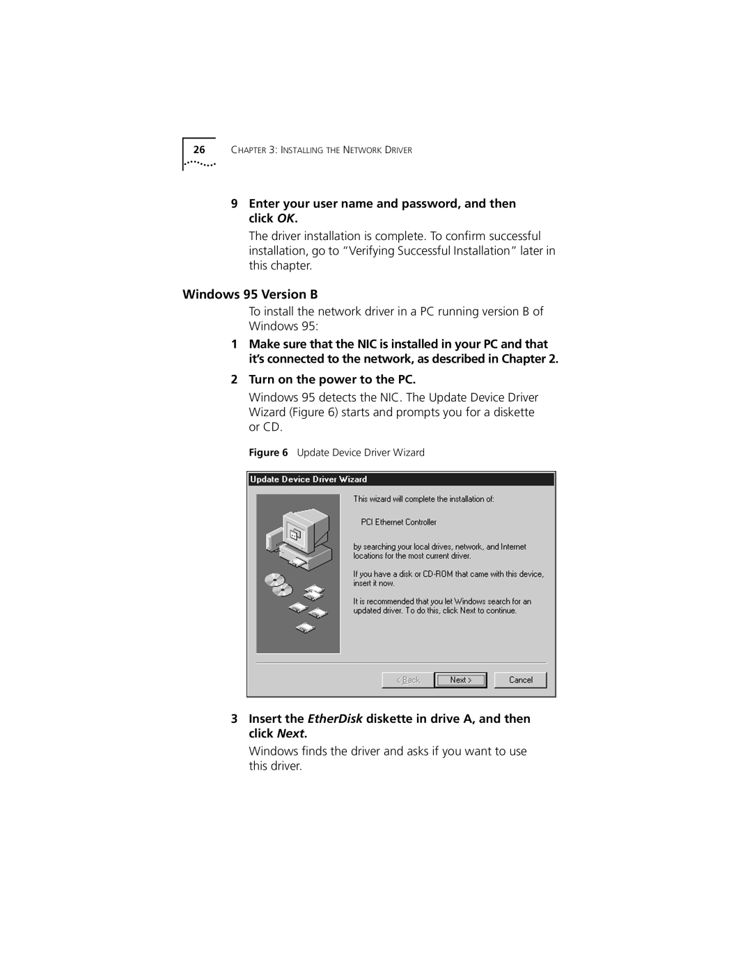 3Com 3CSOHO100 manual Windows 95 Version B, Enter your user name and password, and then click OK 