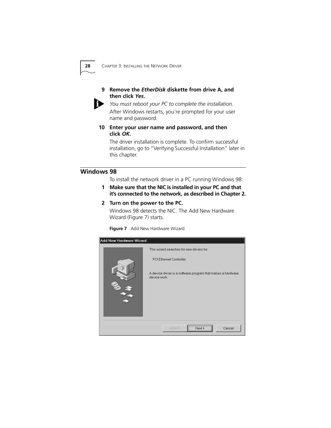 3Com 3CSOHO100 manual To install the network driver in a PC running Windows 