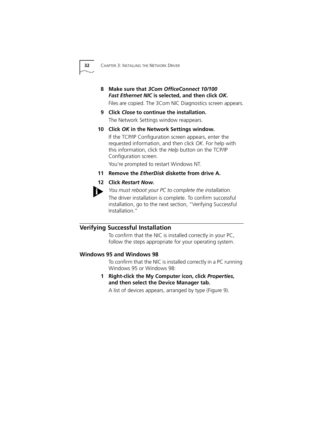 3Com 3CSOHO100 manual Verifying Successful Installation, Windows 95 and Windows, Remove the EtherDisk diskette from drive a 