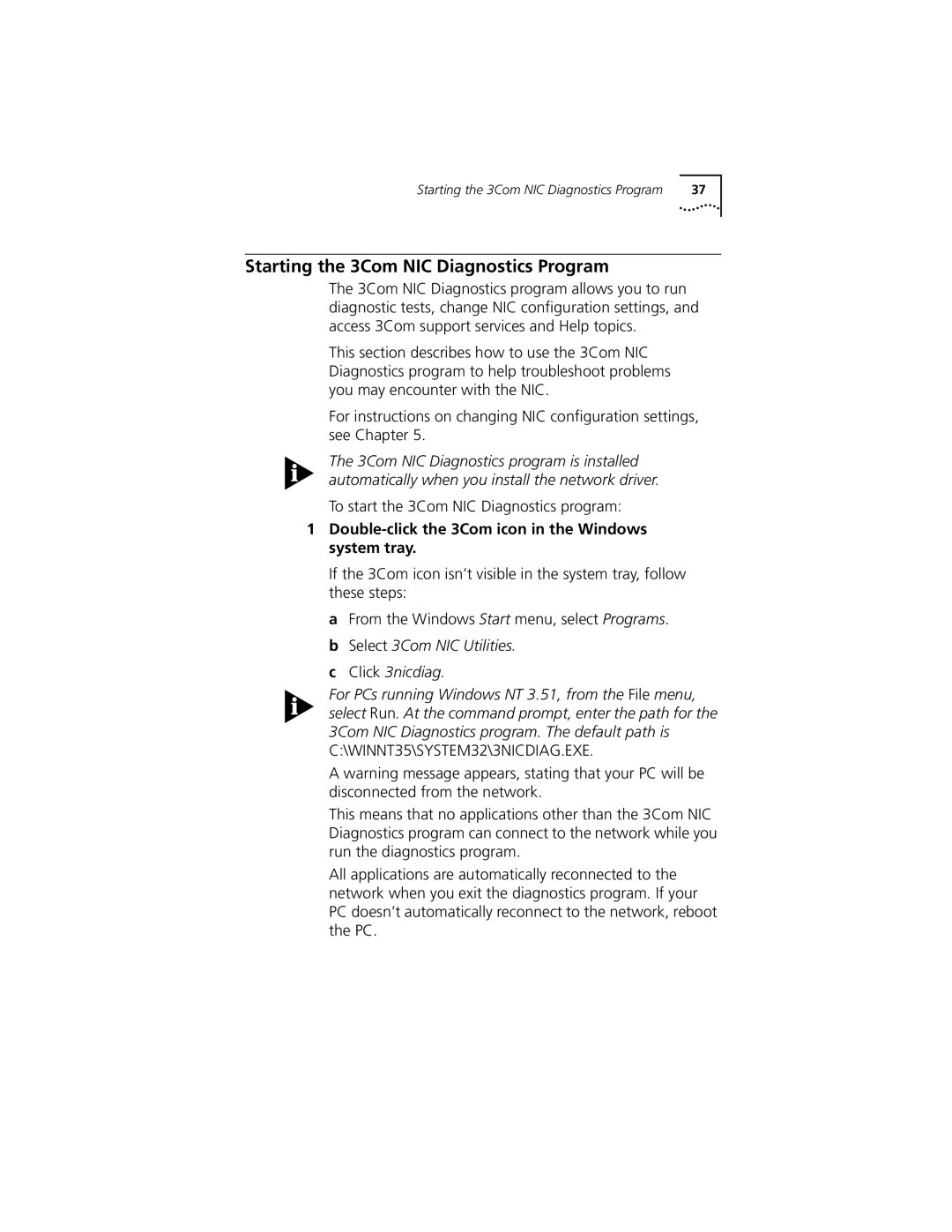 3Com 3CSOHO100 manual Starting the 3Com NIC Diagnostics Program, Double-click the 3Com icon in the Windows system tray 