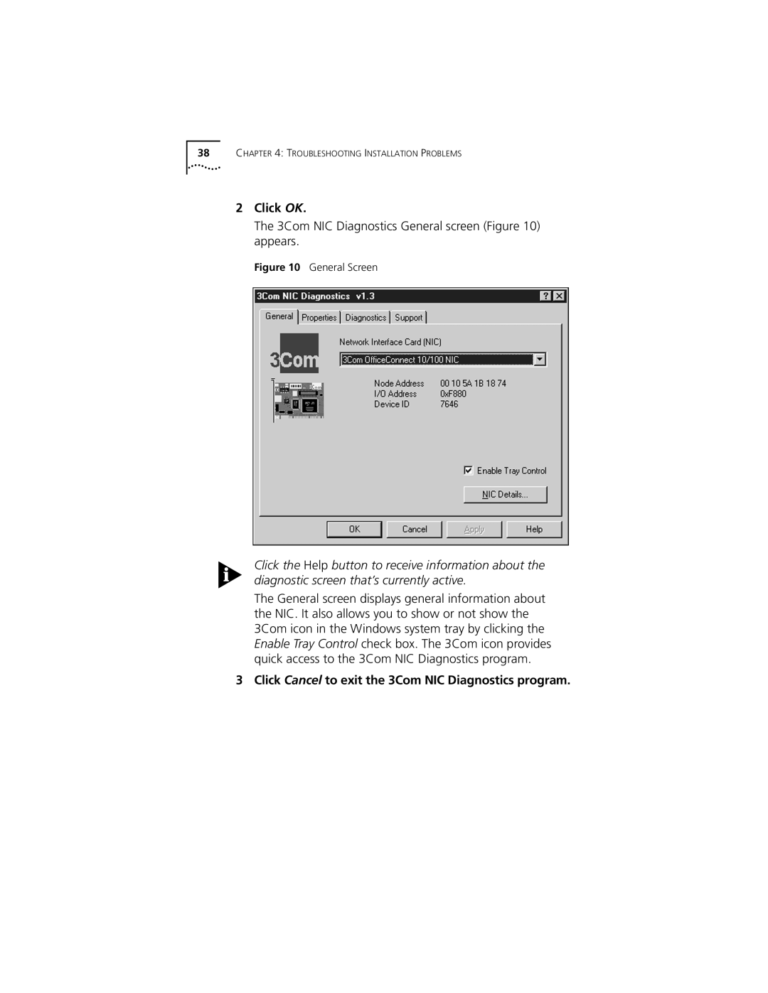 3Com 3CSOHO100 manual Click Cancel to exit the 3Com NIC Diagnostics program, General Screen 