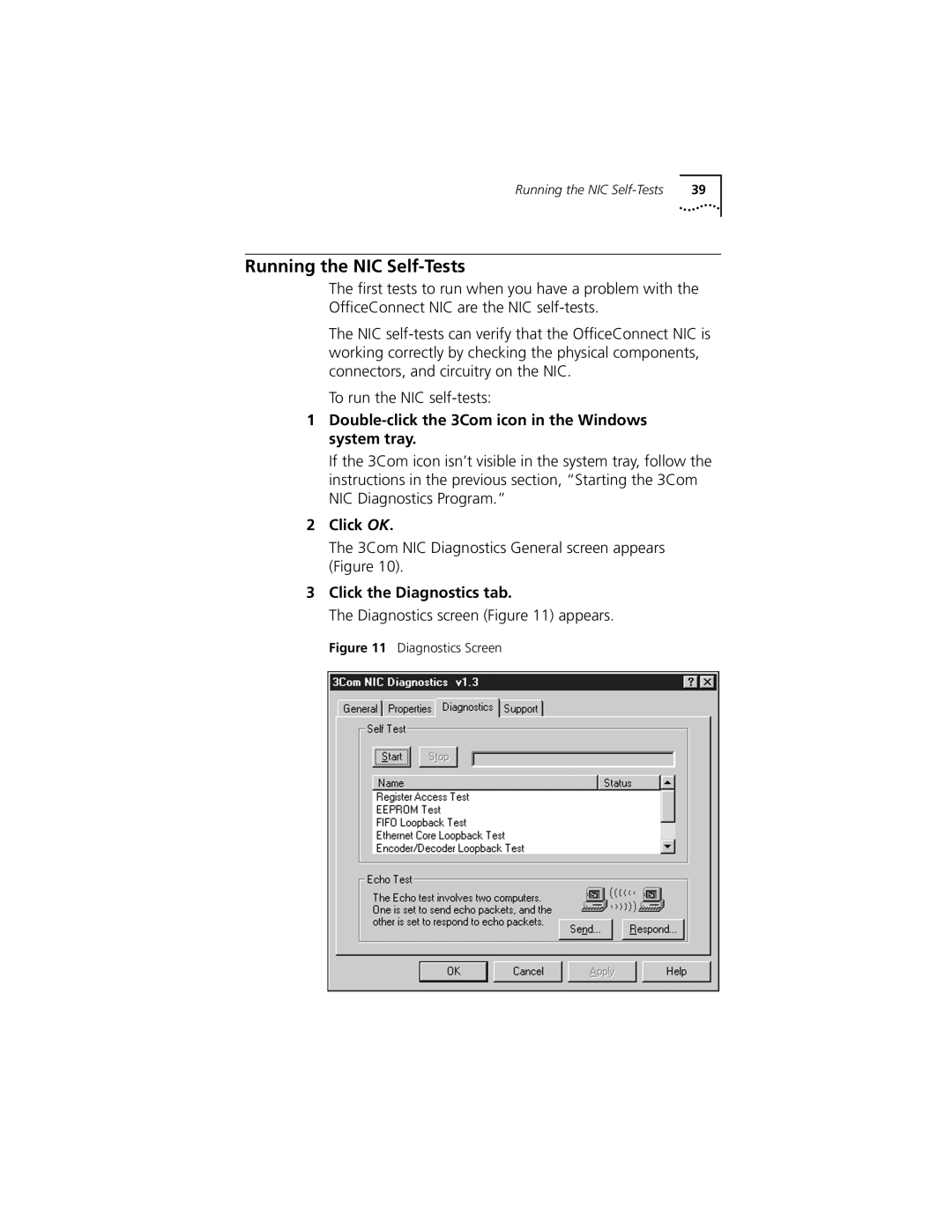 3Com 3CSOHO100 manual Running the NIC Self-Tests, Click the Diagnostics tab 