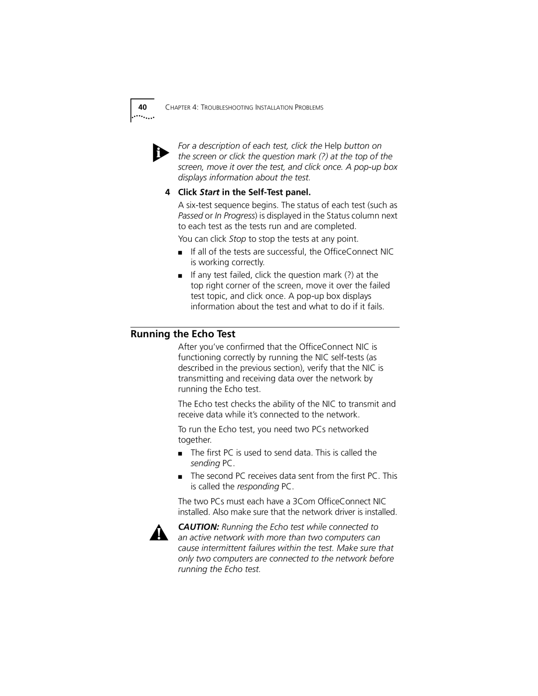 3Com 3CSOHO100 manual Running the Echo Test, Click Start in the Self-Test panel 