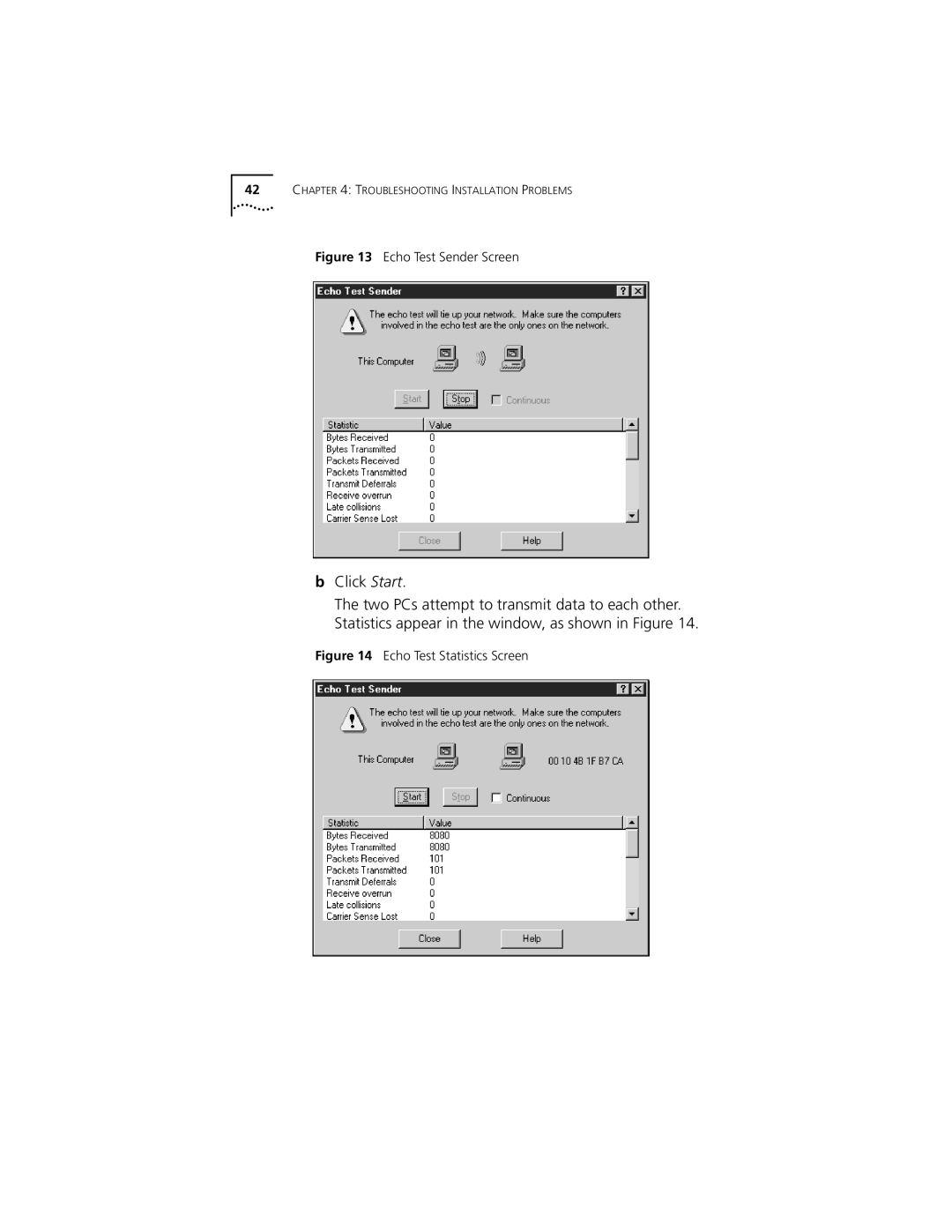 3Com 3CSOHO100 manual Echo Test Sender Screen 