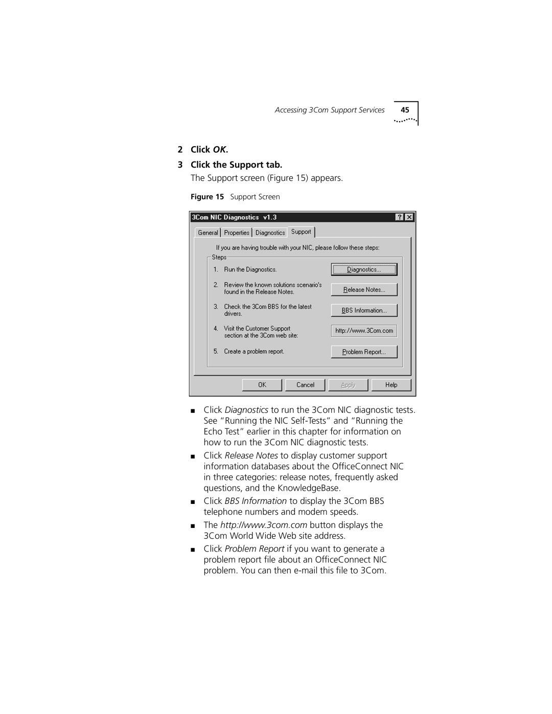3Com 3CSOHO100 manual Click OK Click the Support tab, Support Screen 