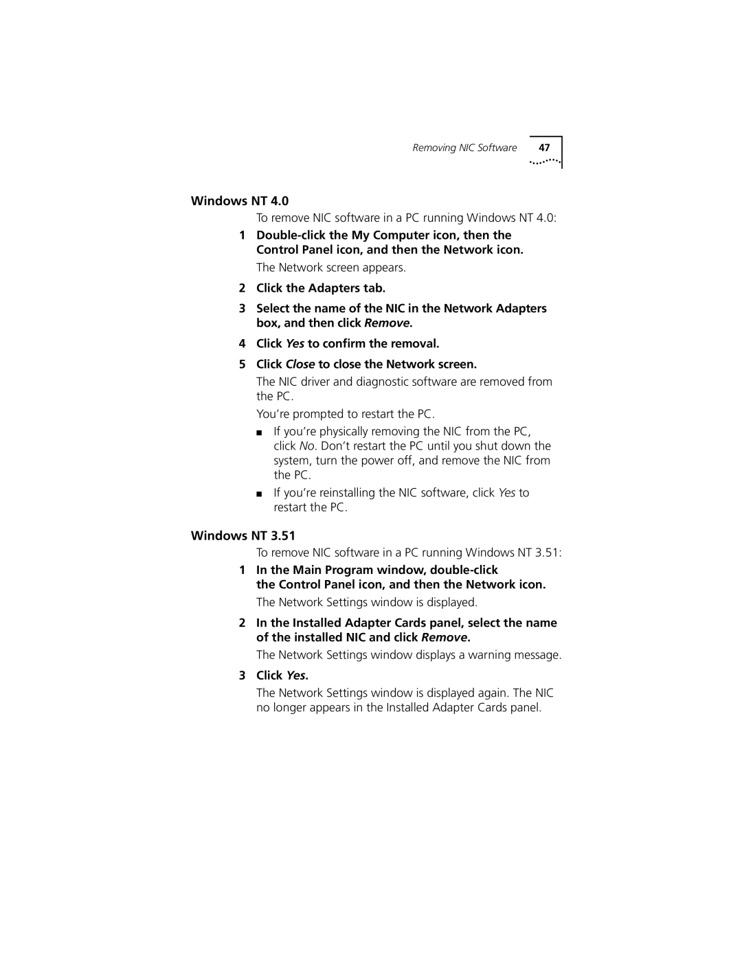 3Com 3CSOHO100 manual Windows NT, Click Yes 