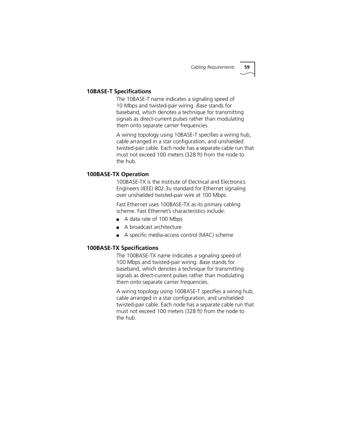 3Com 3CSOHO100 manual 10BASE-T Speciﬁcations, 100BASE-TX Operation, 100BASE-TX Speciﬁcations 