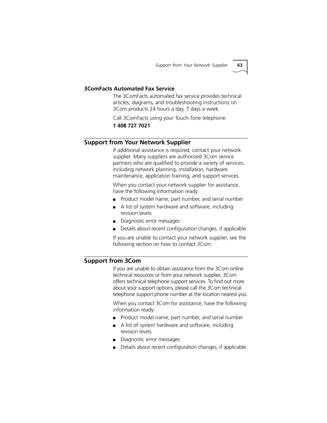 3Com 3CSOHO100 manual Support from Your Network Supplier, Support from 3Com, 3ComFacts Automated Fax Service, 408 727 