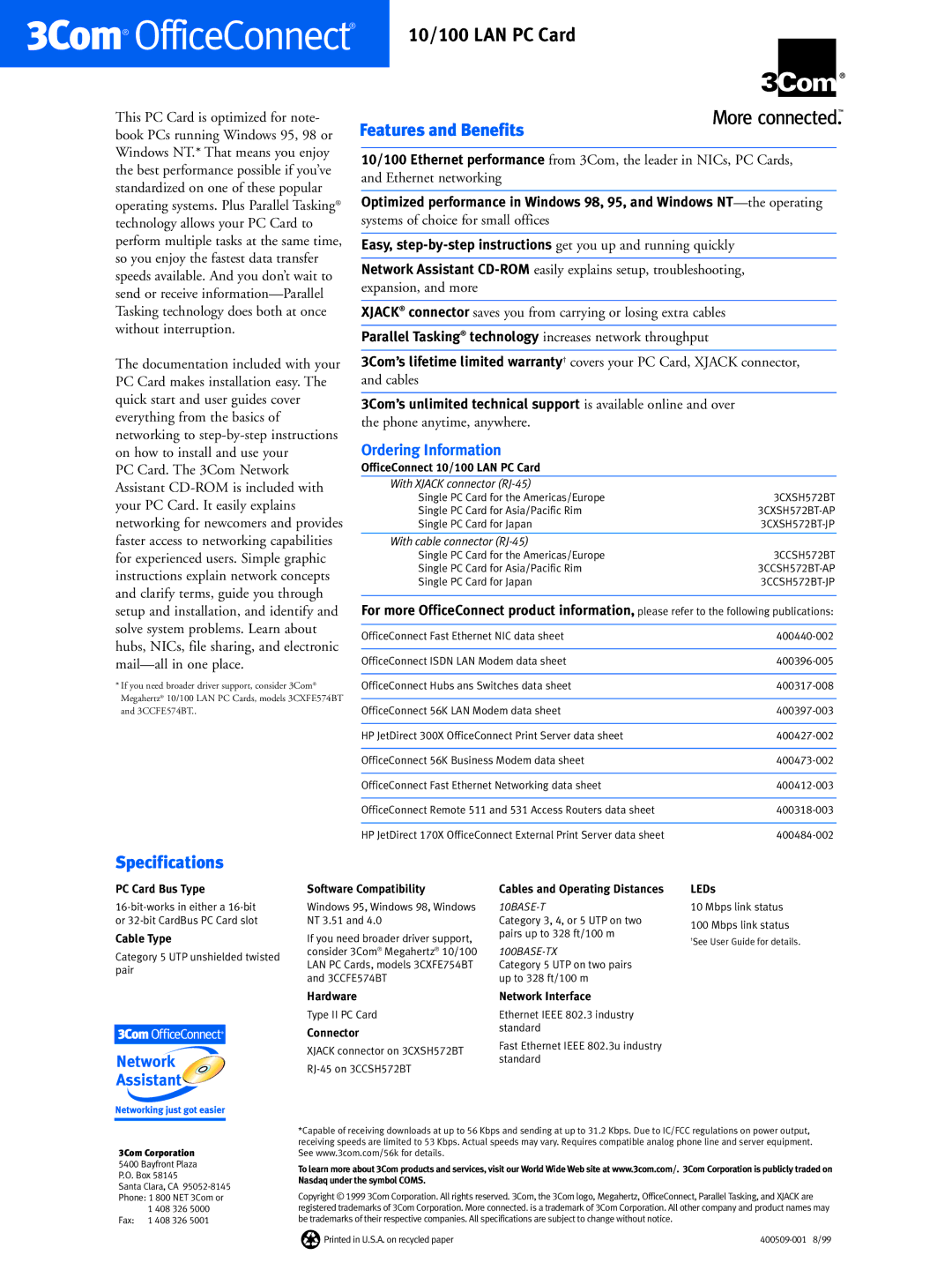 3Com 3CXSH572BT warranty Features and Benefits, Specifications 