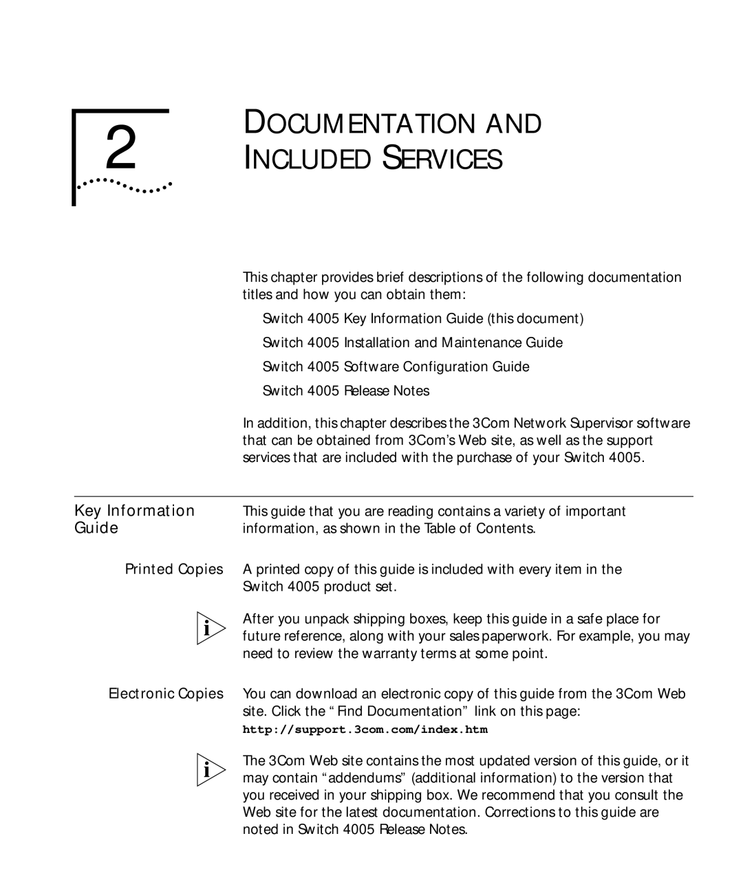 3Com 4005 manual Documentation Included Services, Key Information, Guide 