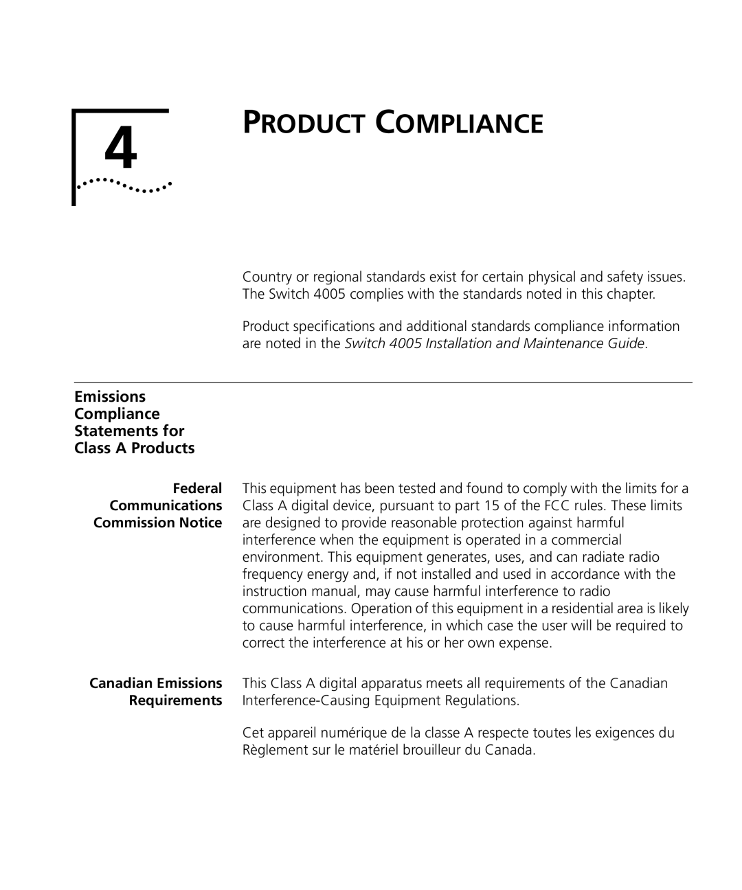 3Com 4005 manual Product Compliance, Emissions Compliance Statements for Class a Products 