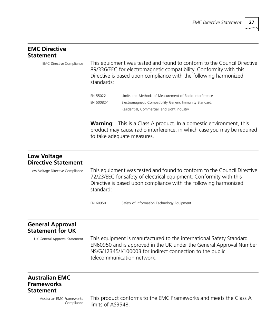 3Com 4005 manual EMC Directive Statement, Low Voltage Directive Statement, General Approval Statement for UK 