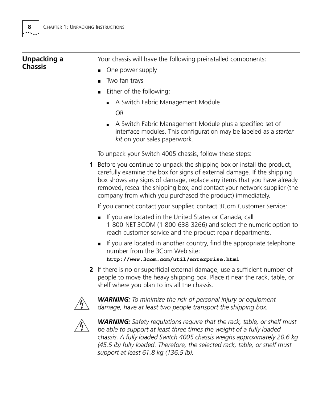 3Com 4005 manual Unpacking a Chassis 