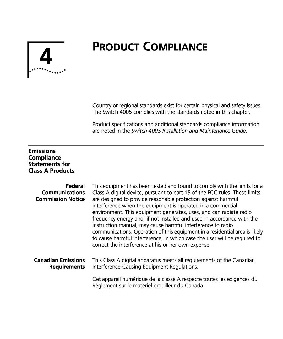3Com 4005 manual Product Compliance, Emissions Compliance Statements for Class A Products 