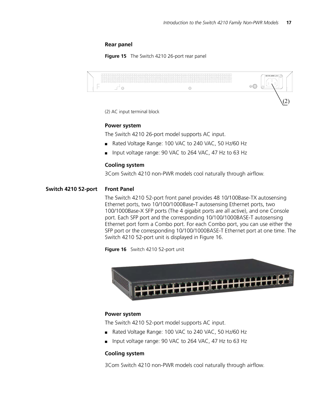 3Com 4210 18-PORT, 4210 PWR 18-PORT, 4210 9-PORT manual Switch 4210 52-port Front Panel, Switch 4210 26-port rear panel 