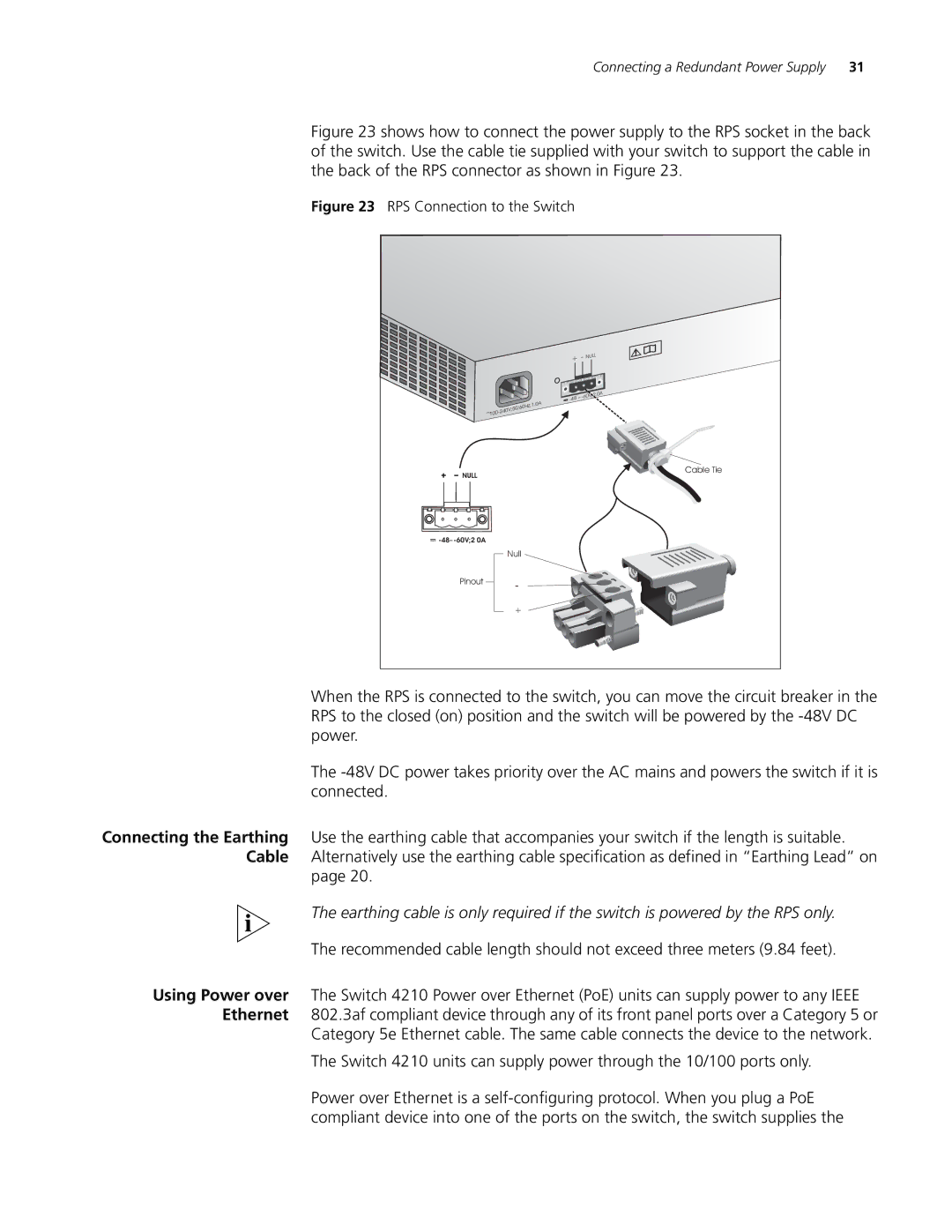 3Com 4210 18-PORT, 4210 PWR 18-PORT, 4210 9-PORT, 4210 PWR 26-PORT Using Power over Ethernet, RPS Connection to the Switch 