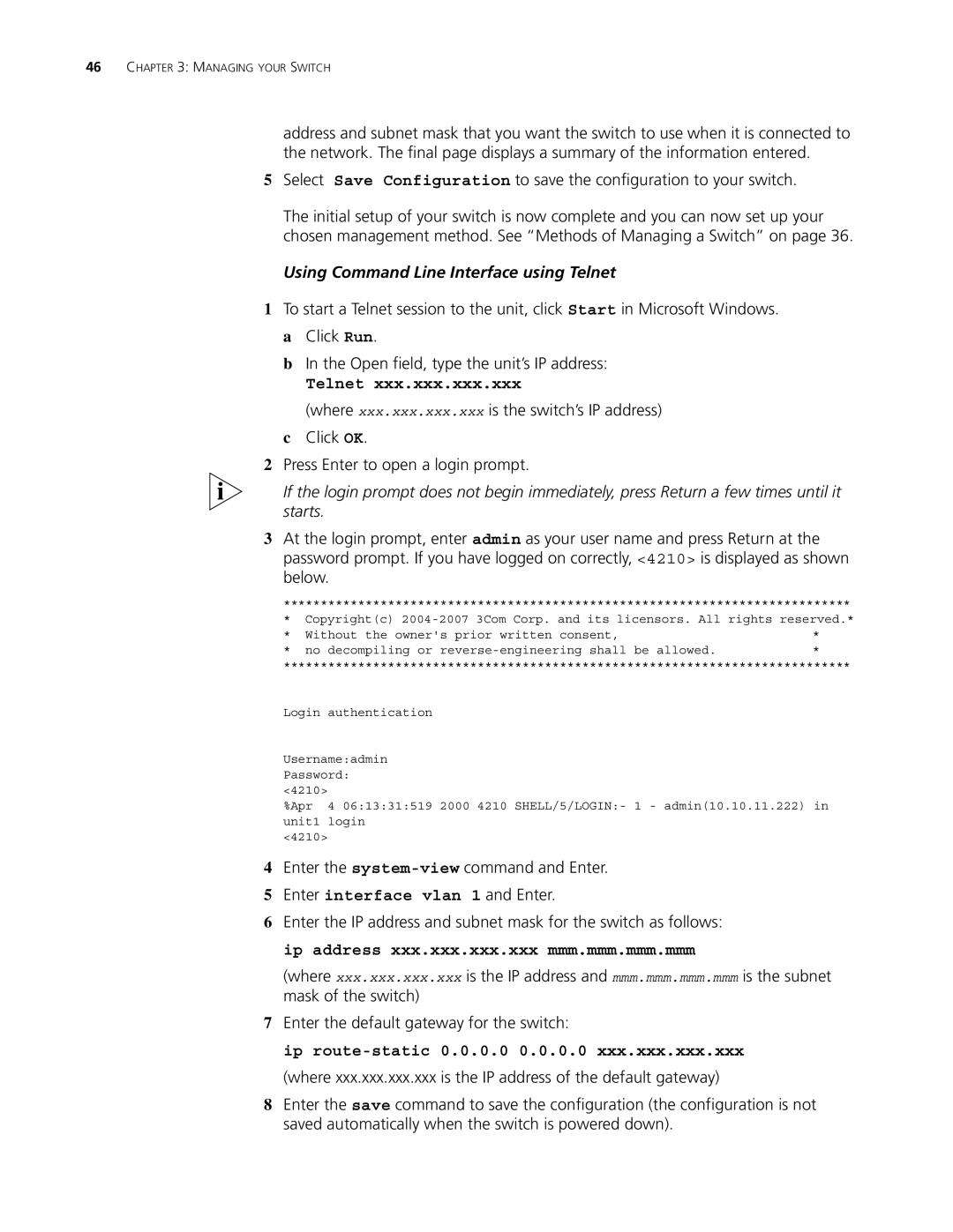 3Com 4210 26-PORT, 4210 PWR 18-PORT manual Using Command Line Interface using Telnet, Enter the system-viewcommand and Enter 