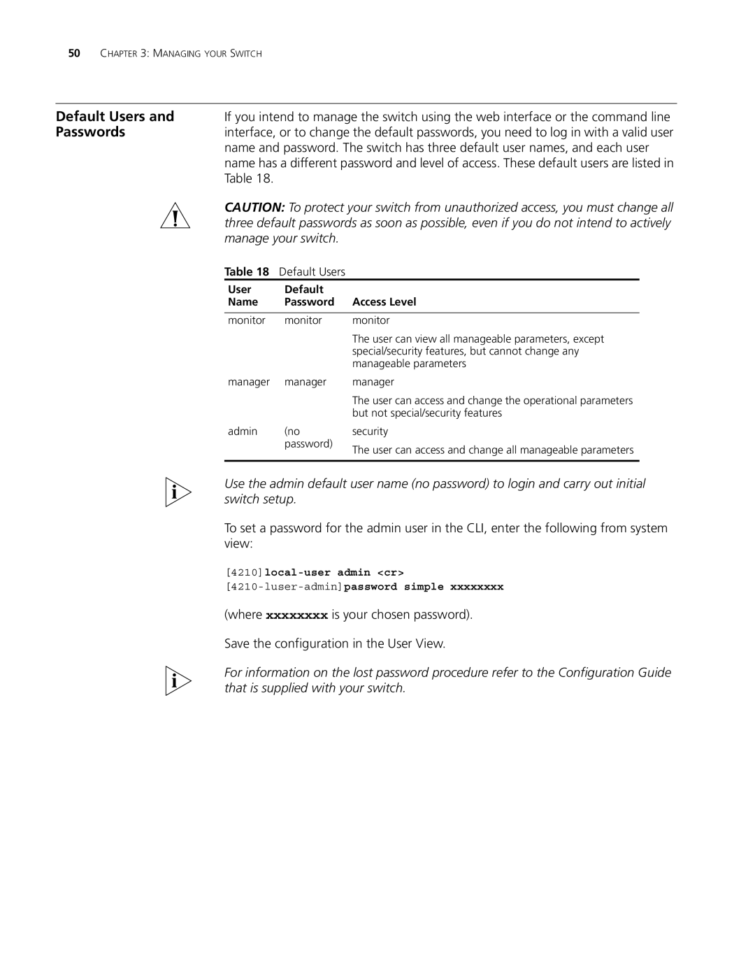 3Com 4210 9-PORT, 4210 PWR 18-PORT, 4210 PWR 26-PORT manual Default Users, Passwords, User Default Name Password Access Level 