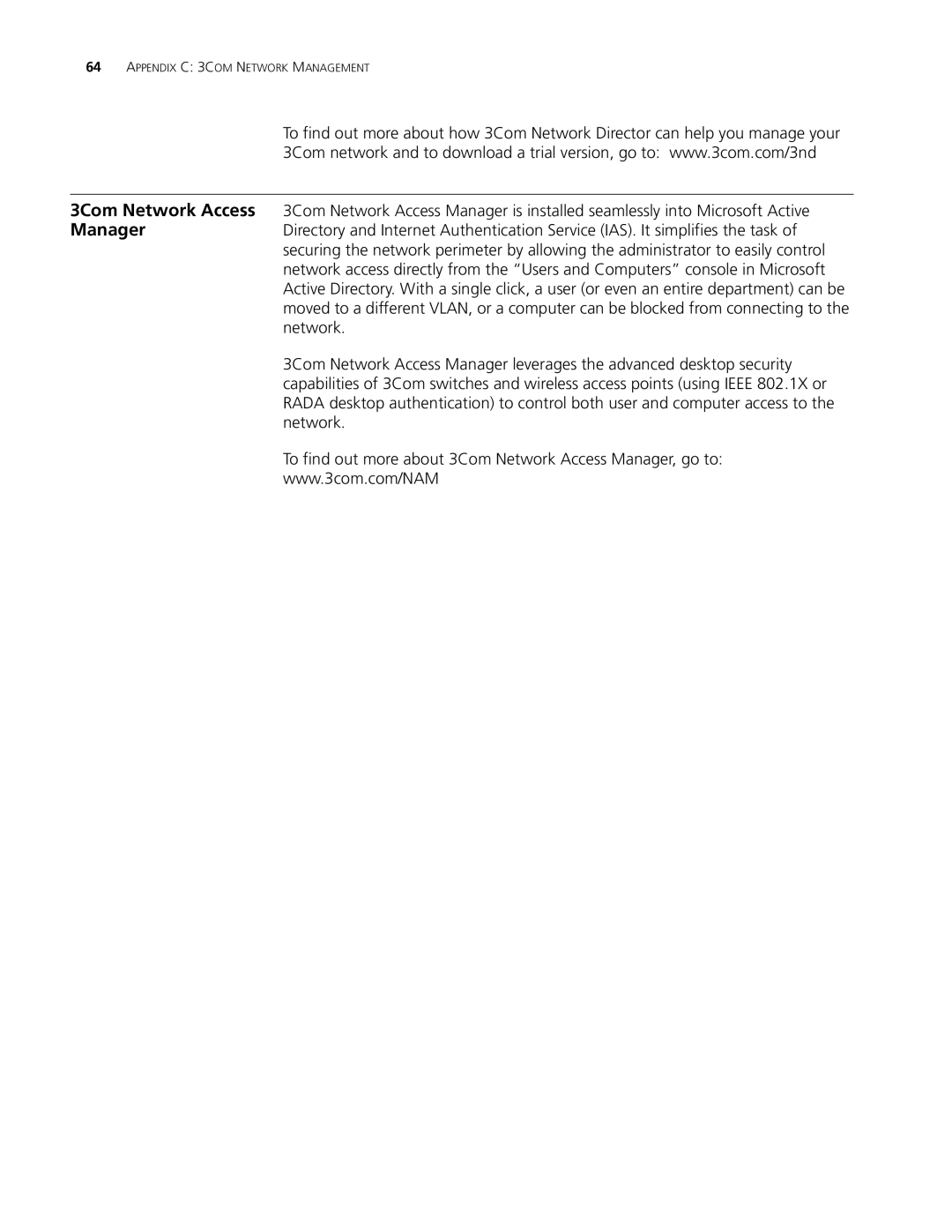 3Com 4210 9-PORT, 4210 PWR 18-PORT, 4210 PWR 26-PORT, 4210 18-PORT, 4210 26-PORT manual Appendix C 3COM Network Management 