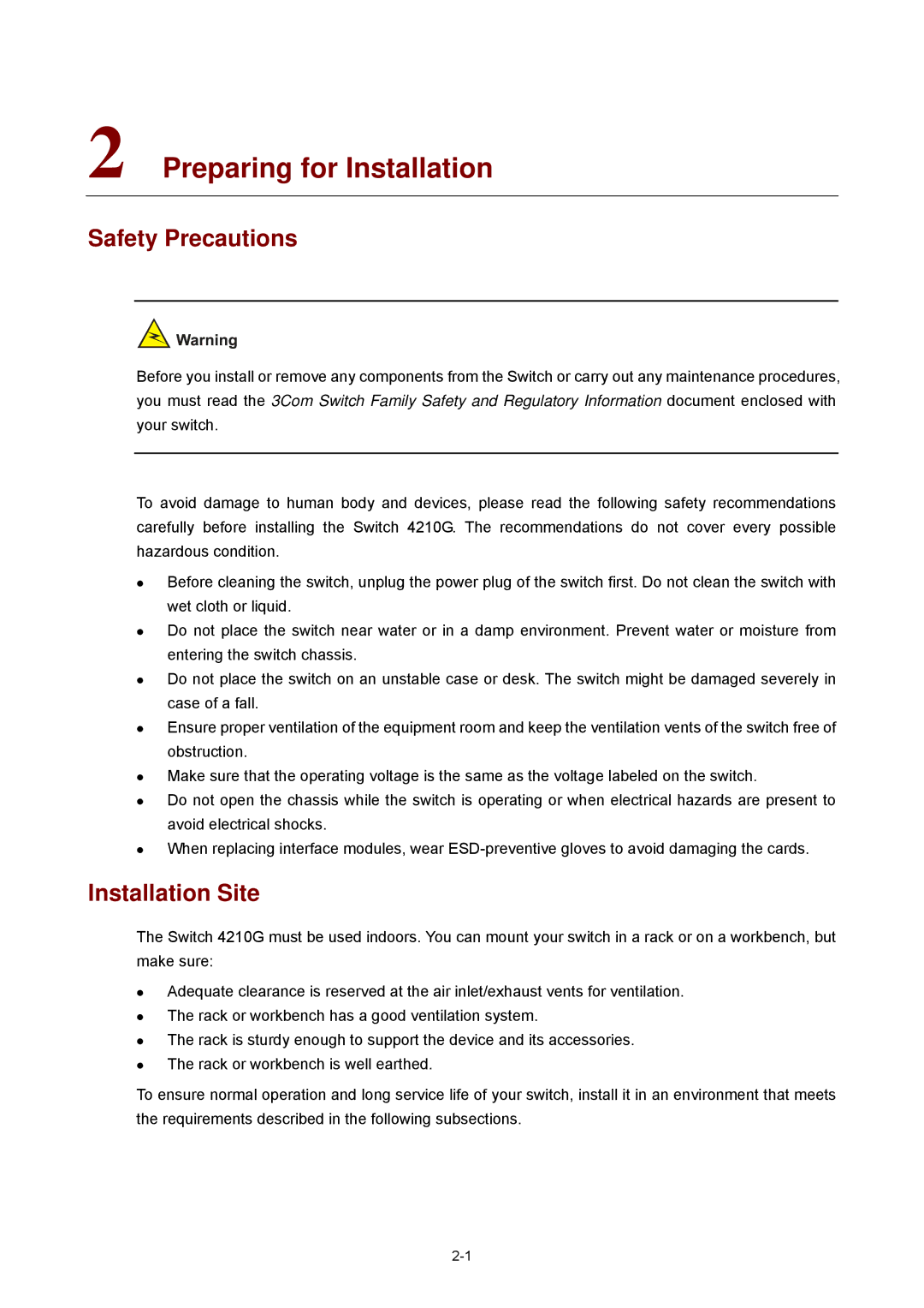 3Com 4210G manual Safety Precautions, Installation Site 