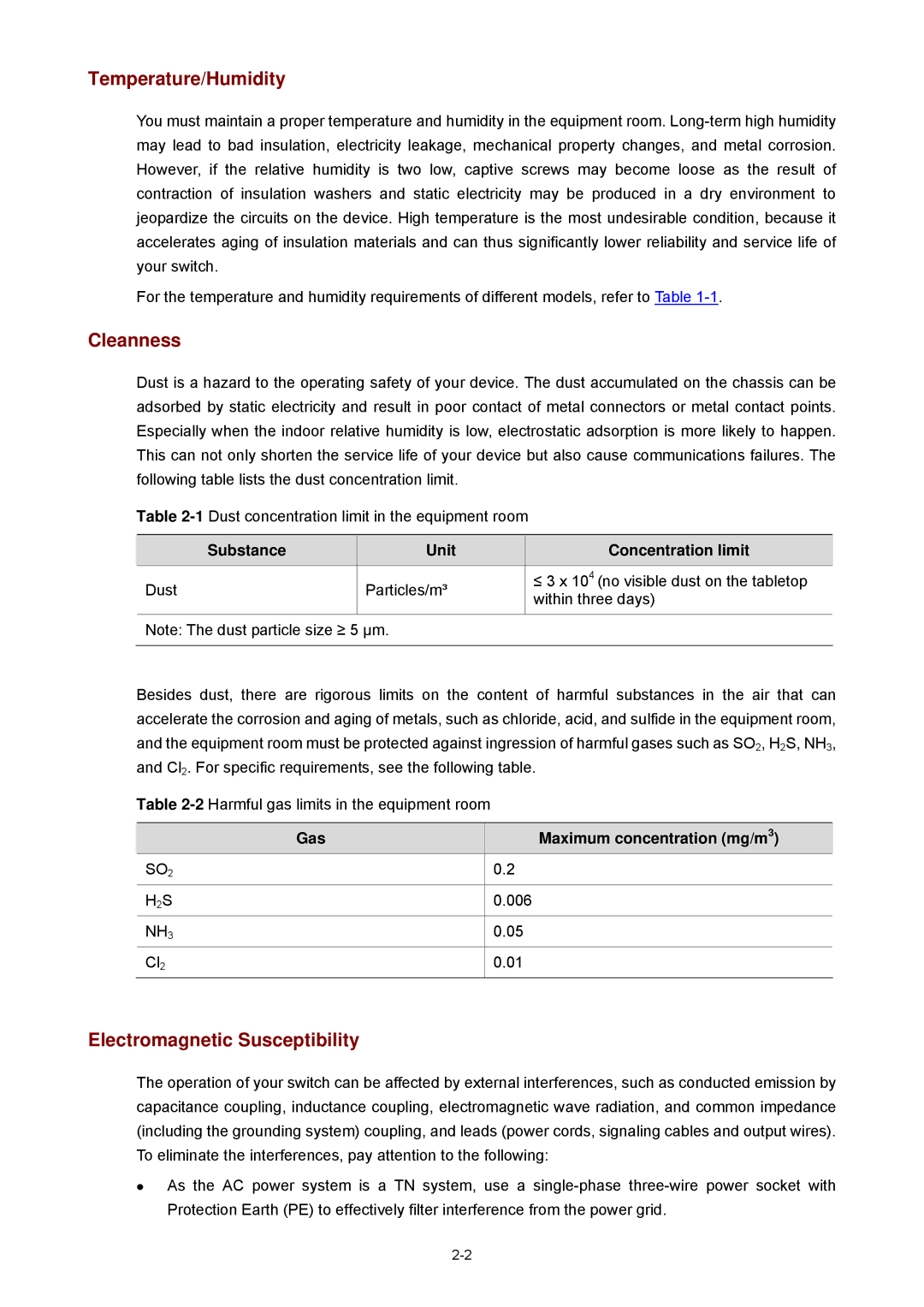 3Com 4210G manual Temperature/Humidity, Cleanness, Electromagnetic Susceptibility, Gas Maximum concentration mg/m 