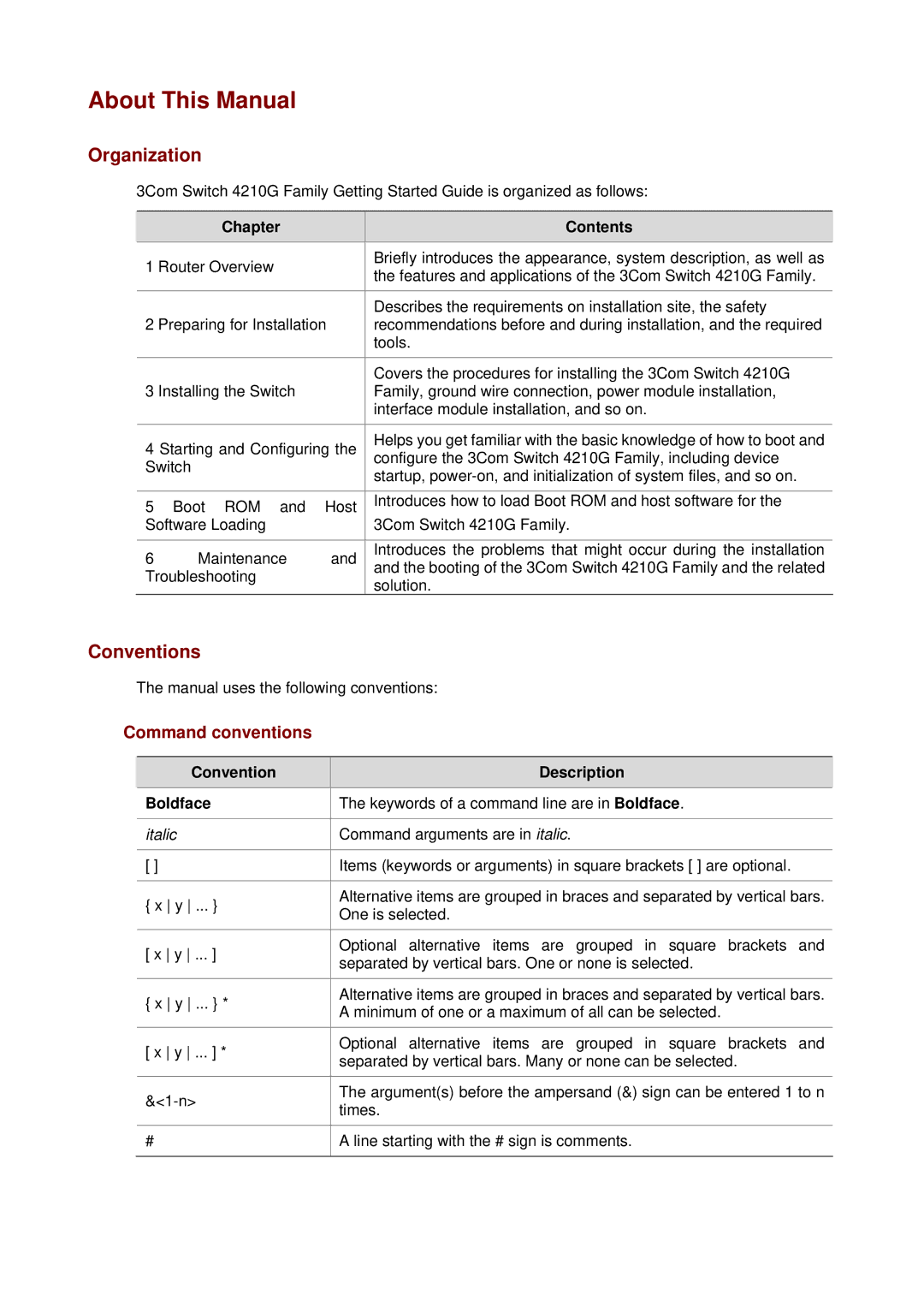 3Com 4210G manual About This Manual, Organization, Conventions, Chapter Contents, Convention Description Boldface 