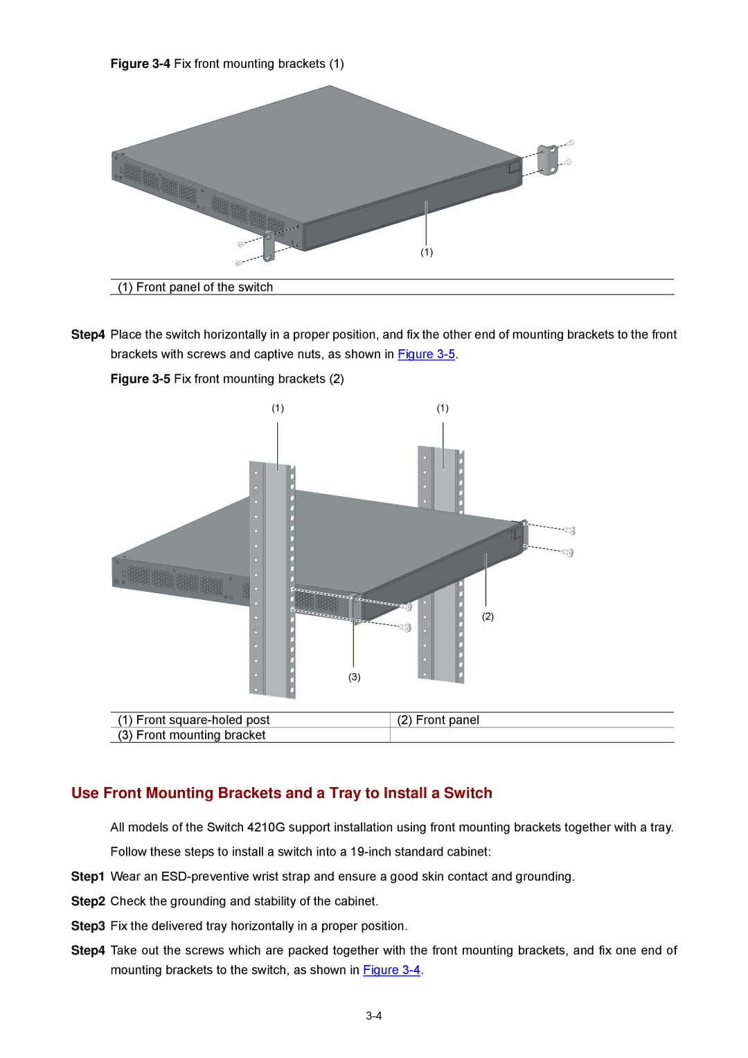 3Com 4210G manual Use Front Mounting Brackets and a Tray to Install a Switch 