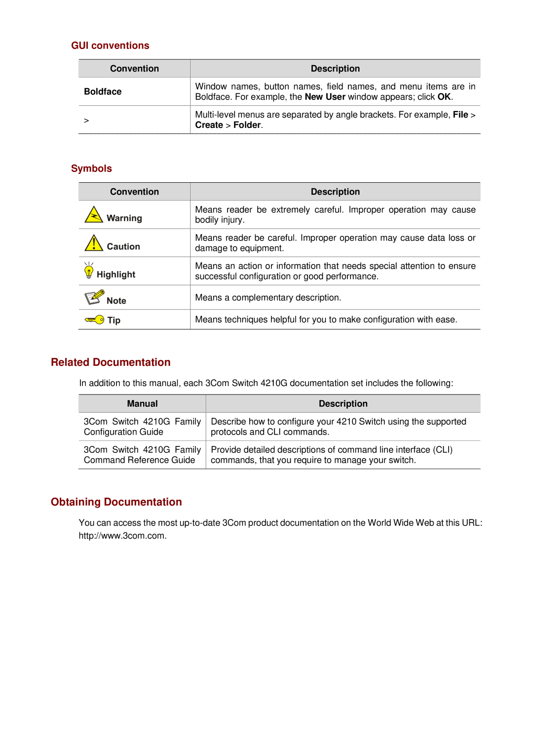 3Com 4210G manual Related Documentation, Obtaining Documentation, Create Folder, Convention Description, Manual Description 