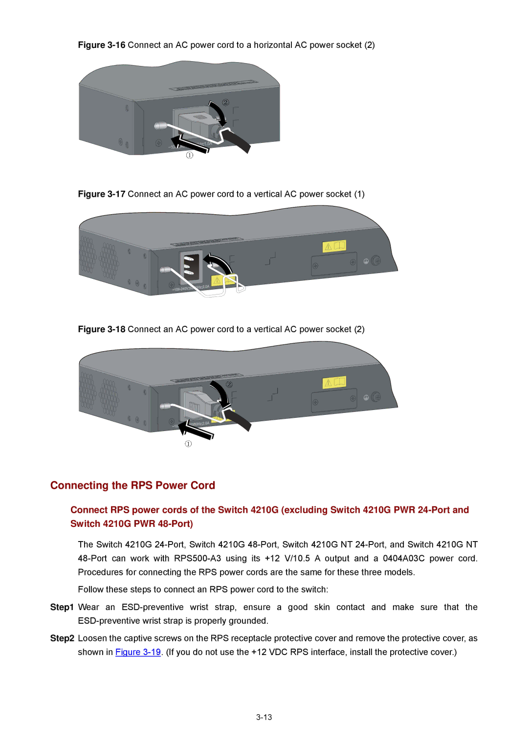 3Com 4210G manual Connecting the RPS Power Cord, 16Connect an AC power cord to a horizontal AC power socket 