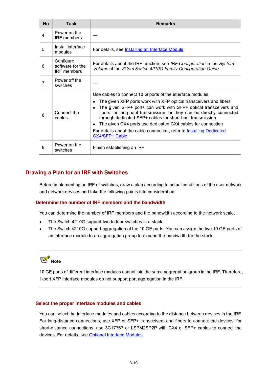 3Com 4210G manual Drawing a Plan for an IRF with Switches, For details, see Installing an Interface Module 