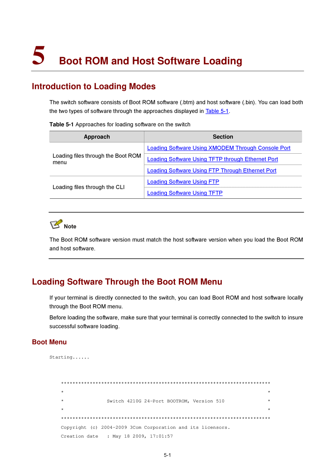 3Com 4210G manual Introduction to Loading Modes, Loading Software Through the Boot ROM Menu, Boot Menu 