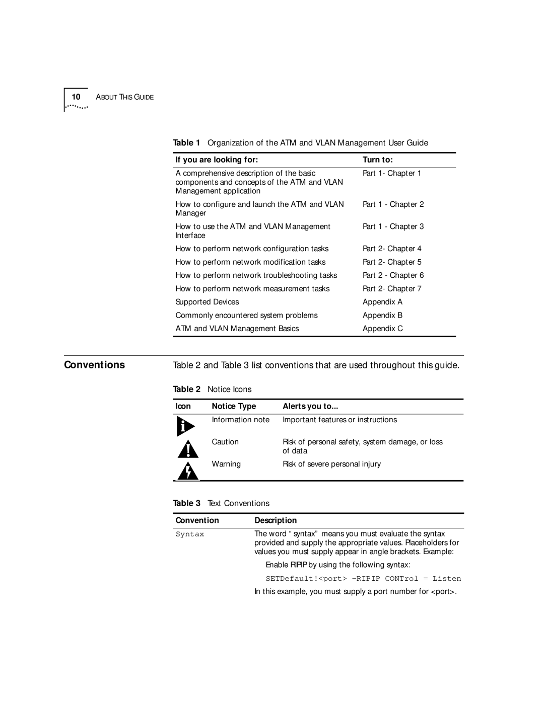 3Com 4.2.2 manual Organization of the ATM and Vlan Management User Guide, Text Conventions 