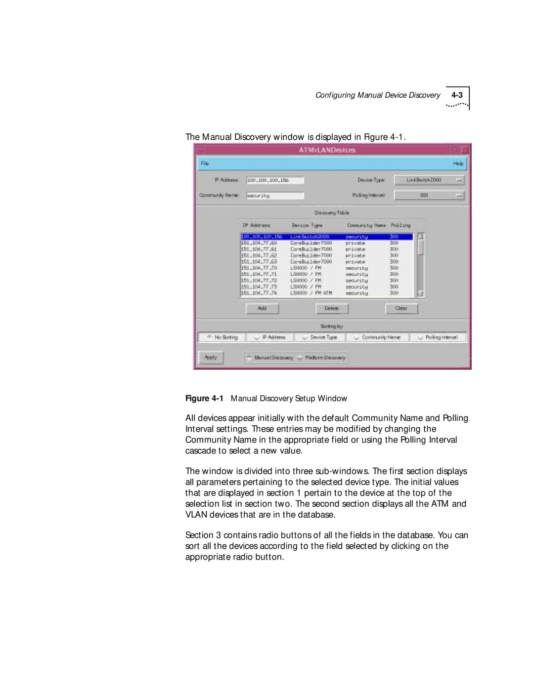 3Com 4.2.2 manual Manual Discovery window is displayed in Figure, 1Manual Discovery Setup Window 