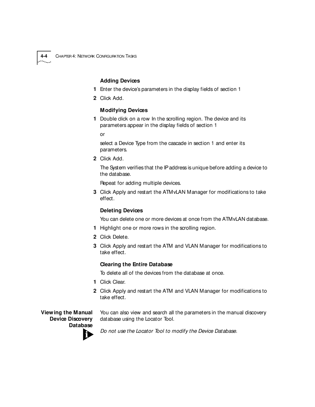 3Com 4.2.2 manual Adding Devices, Modifying Devices, Deleting Devices, Clearing the Entire Database 