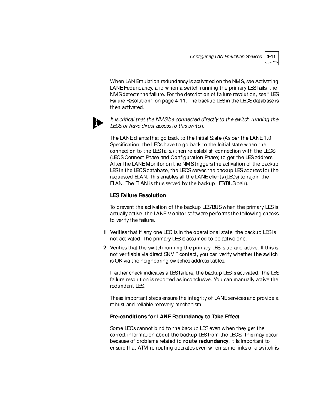 3Com 4.2.2 manual LES Failure Resolution, Pre-conditions for Lane Redundancy to Take Effect 