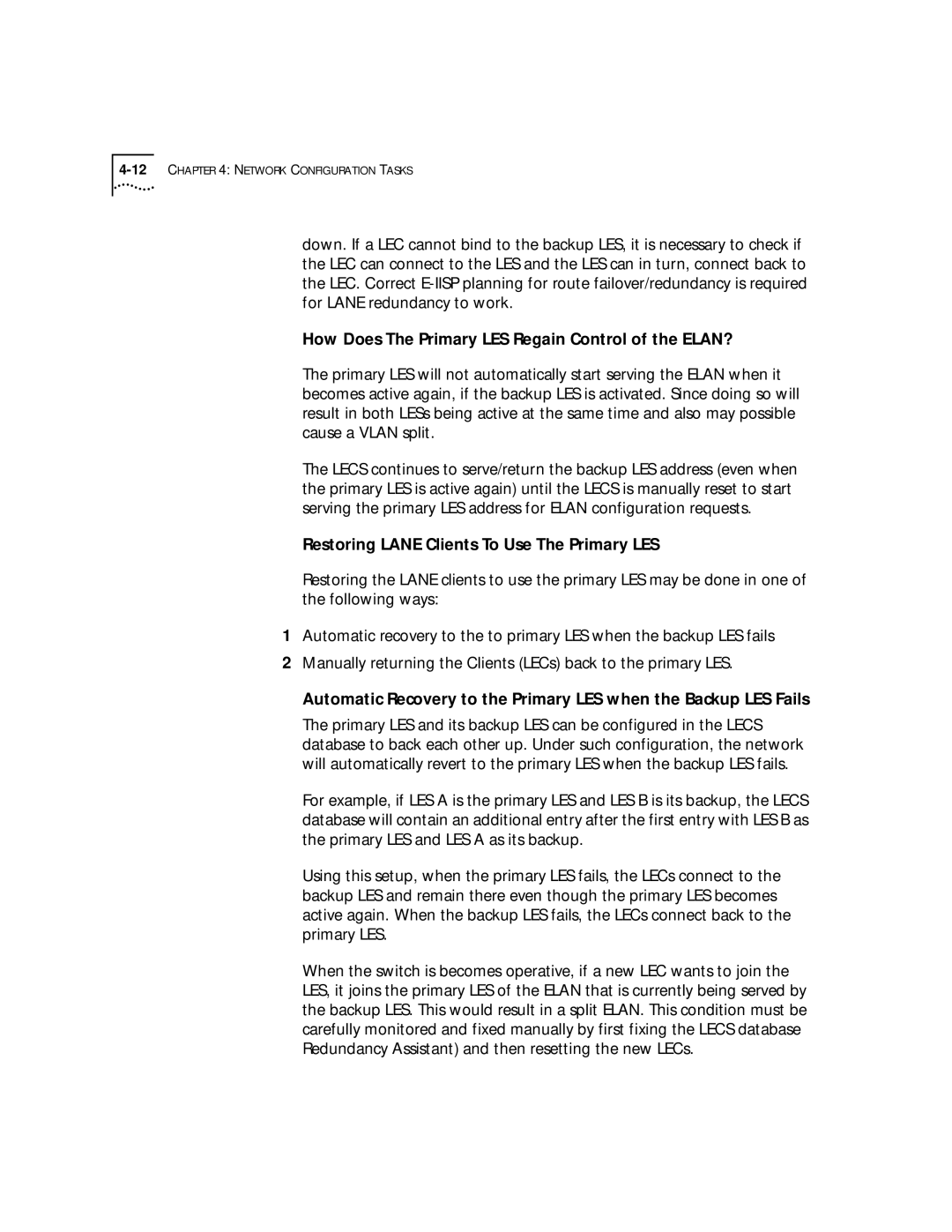 3Com 4.2.2 manual How Does The Primary LES Regain Control of the ELAN?, Restoring Lane Clients To Use The Primary LES 