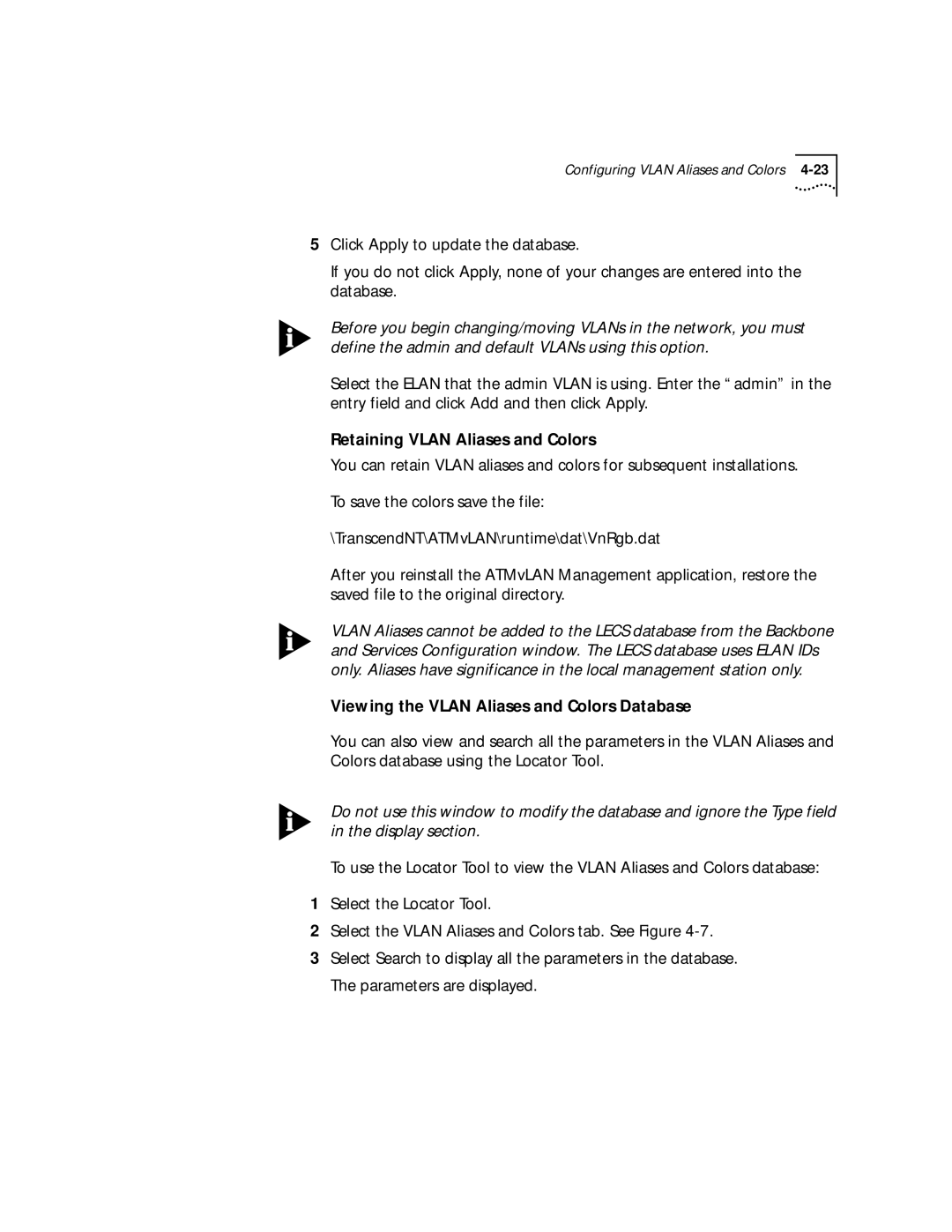 3Com 4.2.2 manual Retaining Vlan Aliases and Colors, Viewing the Vlan Aliases and Colors Database 