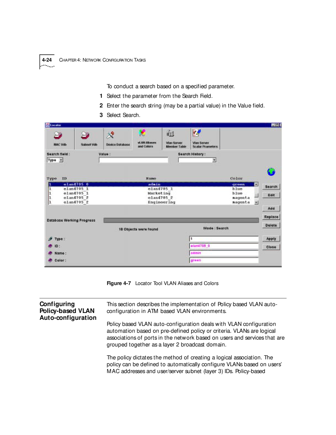 3Com 4.2.2 manual Policy-based Vlan, Auto-configuration, Configuration in ATM based Vlan environments 