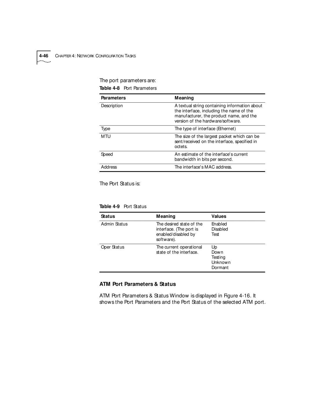 3Com 4.2.2 manual Port parameters are, Port Status is, ATM Port Parameters & Status, 8Port Parameters 