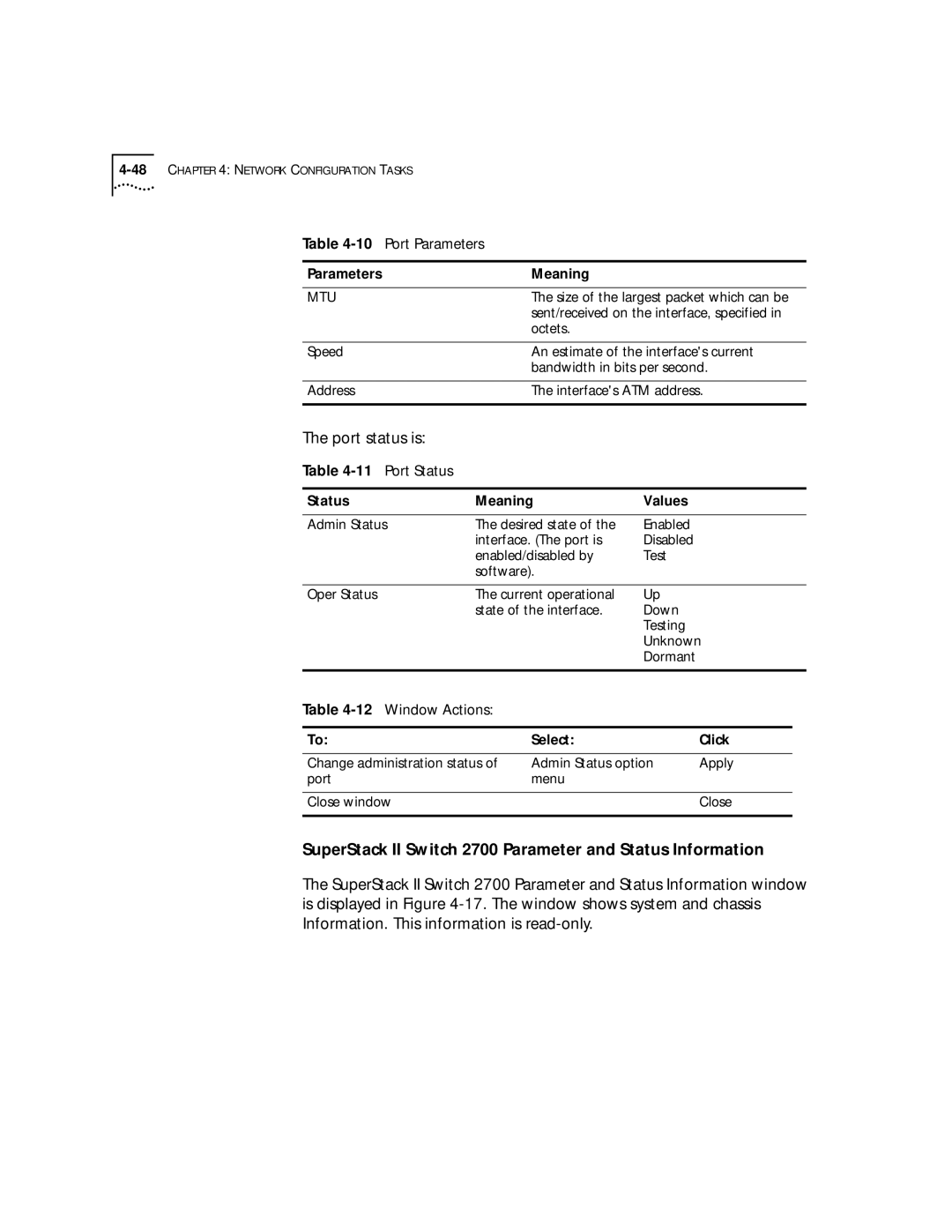 3Com 4.2.2 manual SuperStack II Switch 2700 Parameter and Status Information, 12Window Actions 