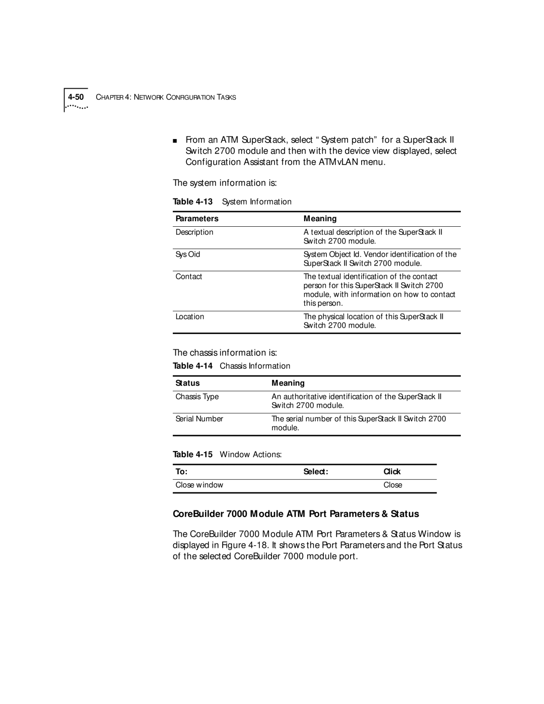 3Com 4.2.2 manual System information is, Chassis information is, CoreBuilder 7000 Module ATM Port Parameters & Status 