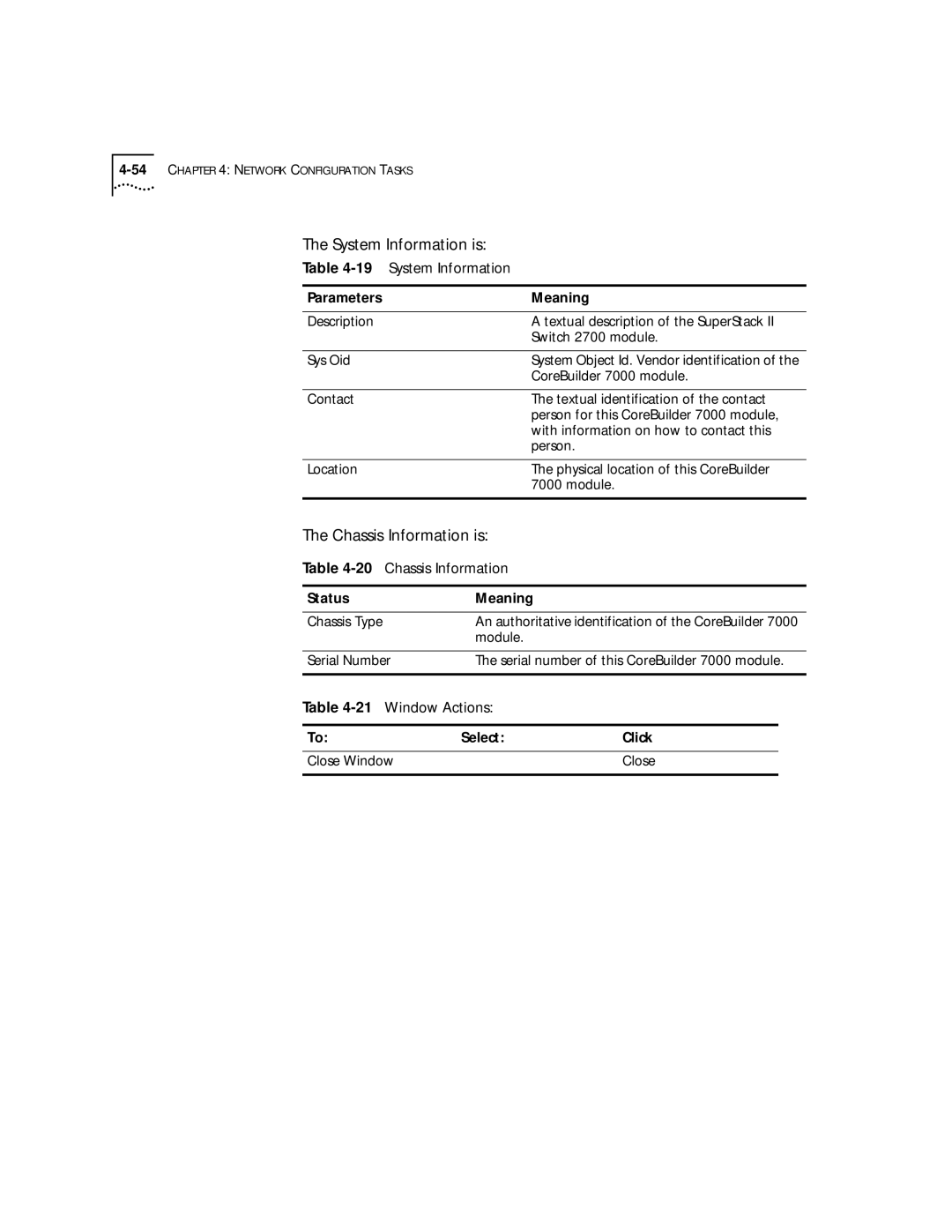 3Com 4.2.2 manual 19System Information, 20Chassis Information, Window Actions 