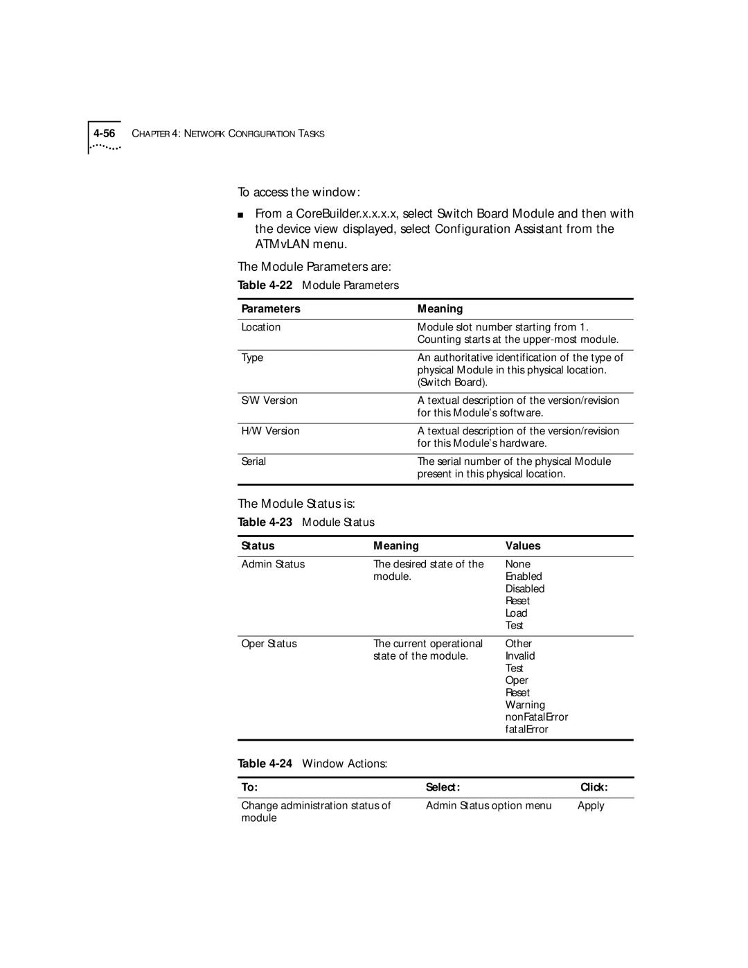 3Com 4.2.2 manual Module Status is, 22Module Parameters, 23Module Status, 24Window Actions 