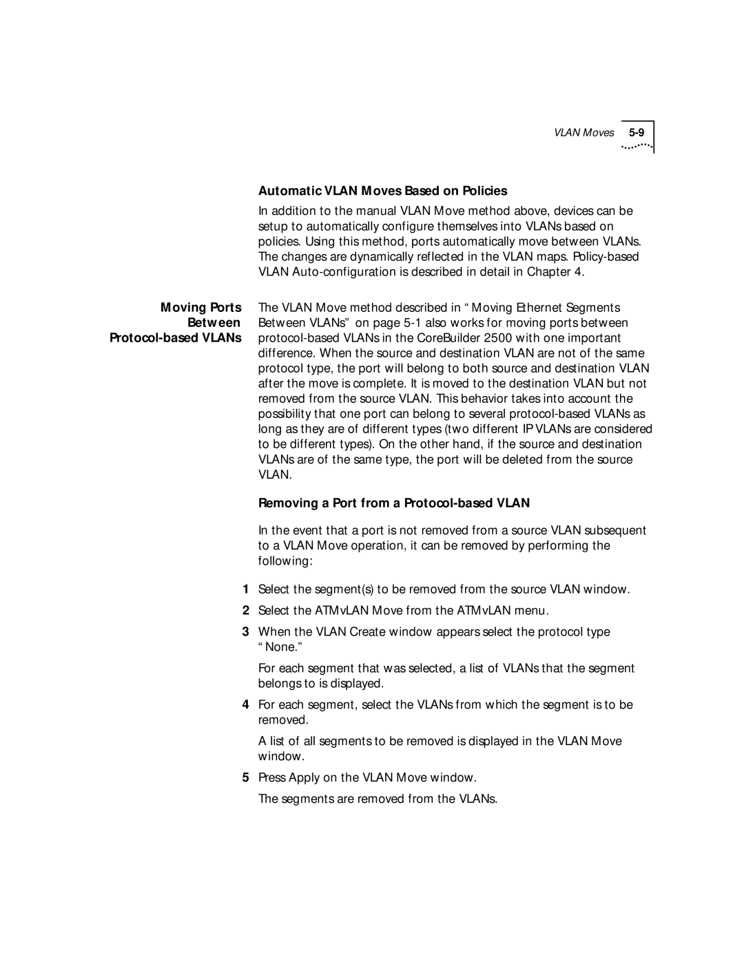 3Com 4.2.2 manual Automatic Vlan Moves Based on Policies, Removing a Port from a Protocol-based Vlan 